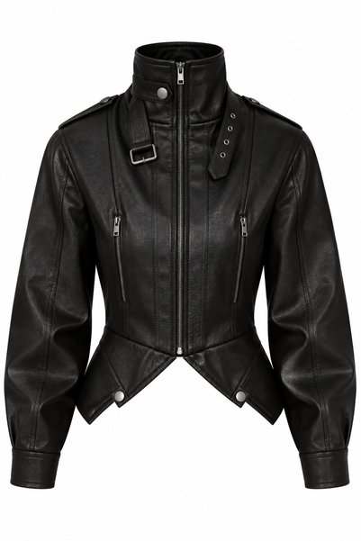 Black Collared Leather Jacket with Belt - 8680