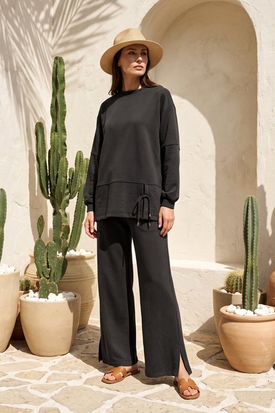 Bottom Lace Detail Pants Tracksuit Set 101091 Black