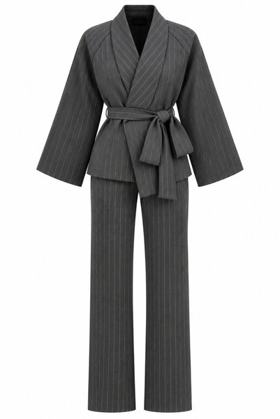 Gray Striped Double-Breasted Collar Jacket and Trousers Set - 8673