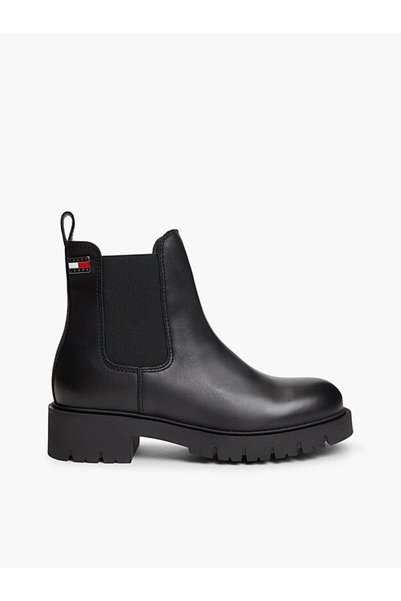 Women's Genuine Leather Black Boots & Booties with Elastic Sides, Serrated Soles, and Logo Plate