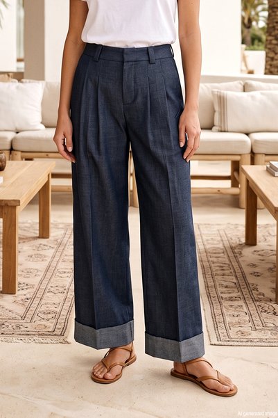 Ribbed Stitched Folded-Leg Wide-Leg Trousers 410207 Blue