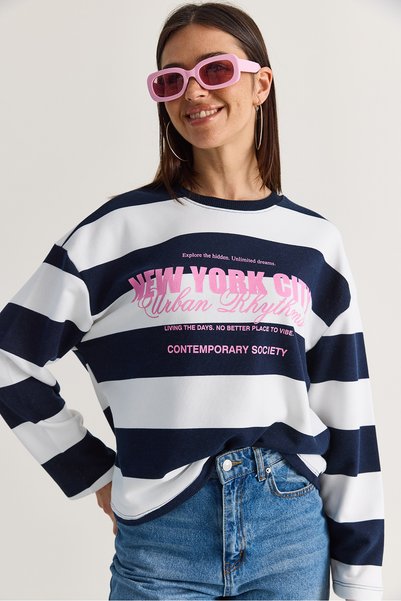 Women's White-Navy Blue Oversize Striped New York Printed Sweatshirt Mb9575 60286590