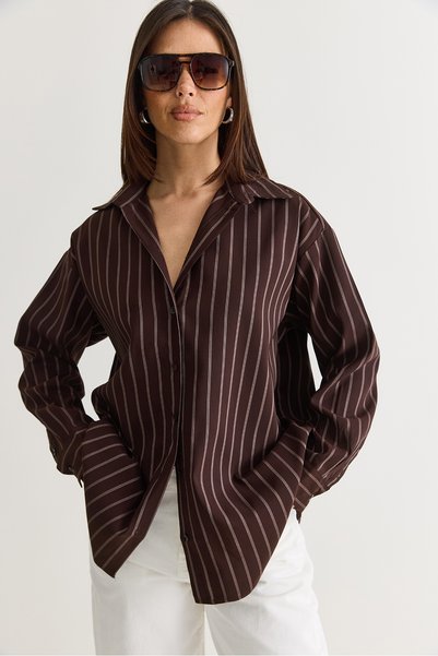 Women's Bitter Coffee Striped Flowy Relaxed Fit Long Sleeve Shirt 2165 60286582