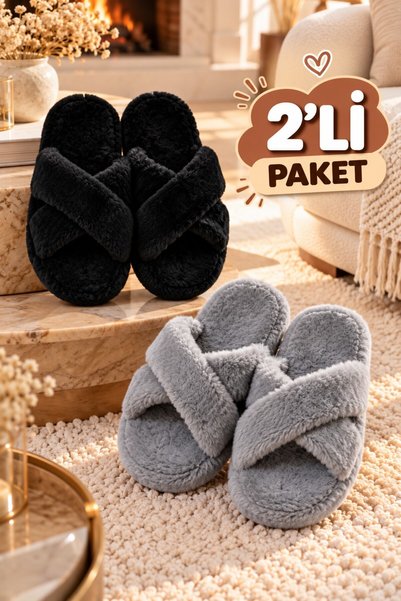 2-Pack Furry Cross Women's Slippers Home Slippers Soundproof Sole Soft Comfortable Slippers