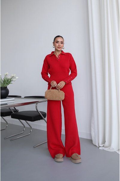 Red Lara Knitwear Blouse and Pants Set