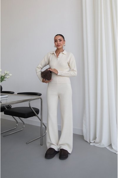 Cream Color Lara Knitwear Blouse Pants Set