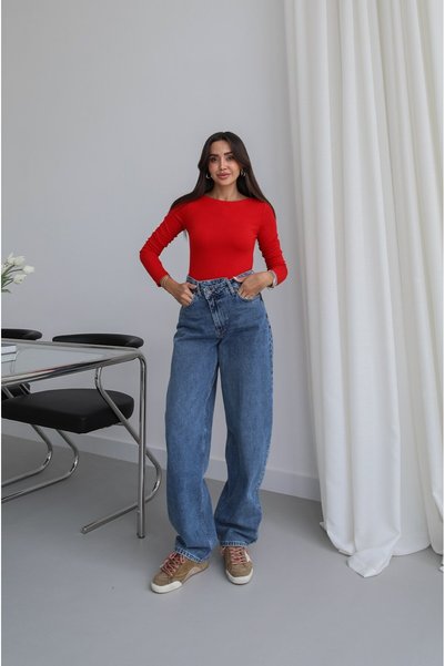 Blue Asymmetrical Waist Detailed Barrel Jean