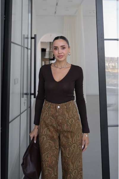 Bitter Brown Light Transparent V-Neck Blouse