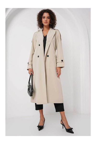 Lapel Collar Long Beige Women's Trench Coat 5941
