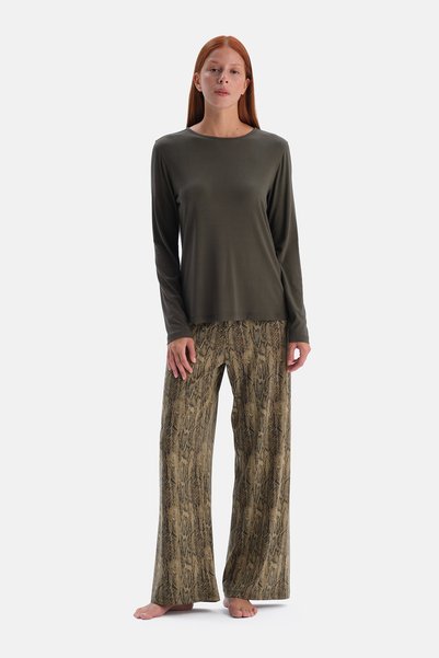 Oil Green Wide Collar Long Sleeve T-Shirt Snake Pattern Pants Set