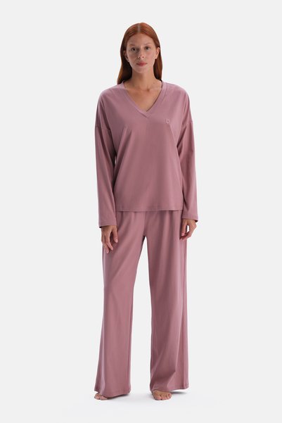 Dusty Rose V-Neck Long Sleeve T-Shirt Pants Set