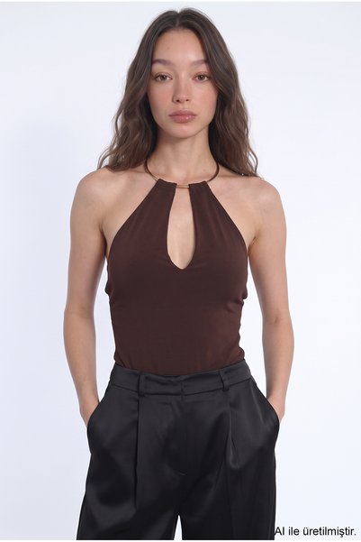 Bodysuit with Gold Ring Accessories Brown
