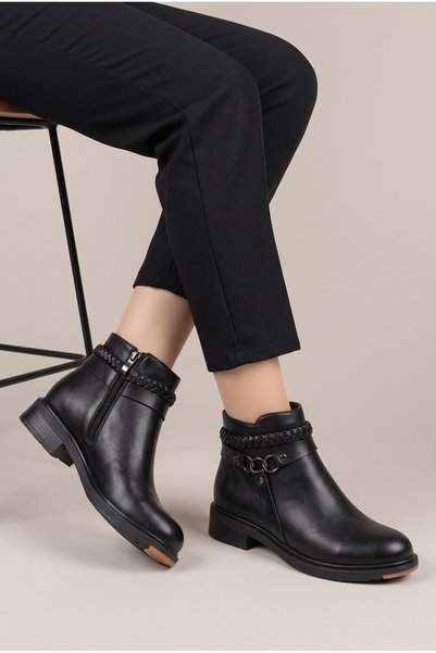 Women's Black Short Heeled Casual Boots with Knitted Detail and Ring Accessories