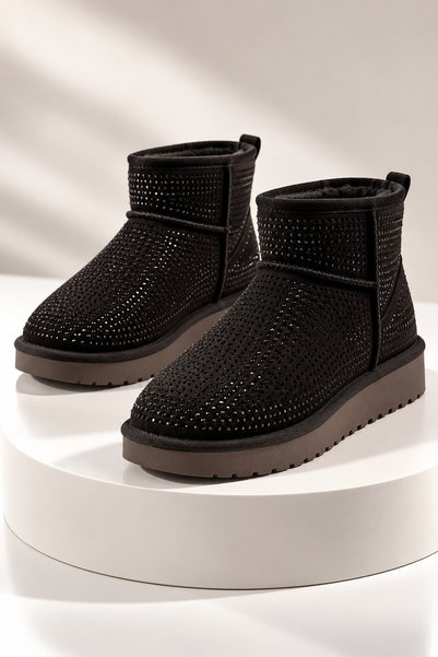 Women's Ankle Boots with Stone Detail, Fur Inside, and Thin Sole