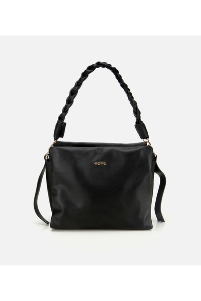 Women's Leather Black Soft Textured Knitted Strap Detailed Shoulder Bag