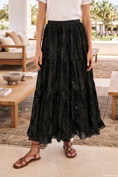 Elastic Waist Gupür Detailed Crinkle Skirt 420165 Black