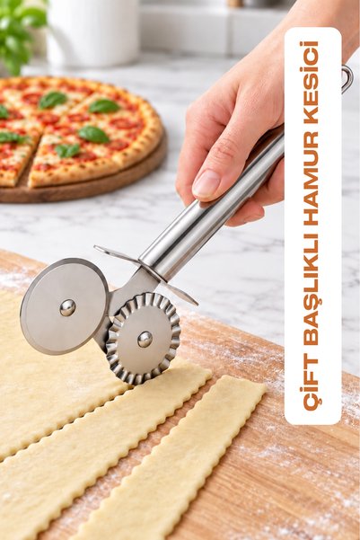 Double-Headed Dough Cutter and Pizza Roulette Stainless Steel Knife with Flat and Serrated Cutting Heads