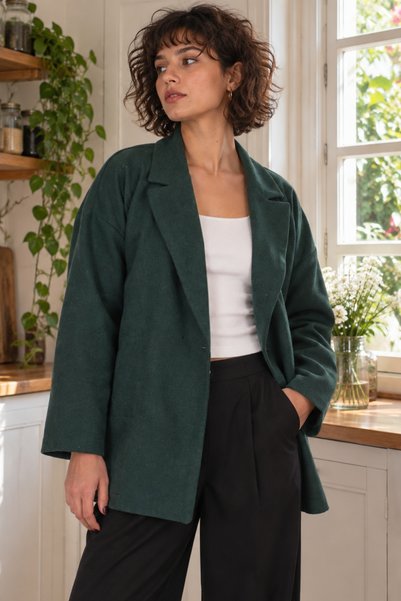 Women's Dark Green Men's Oversize Jacket with Slits on the Collar Sides Arm-26K001009