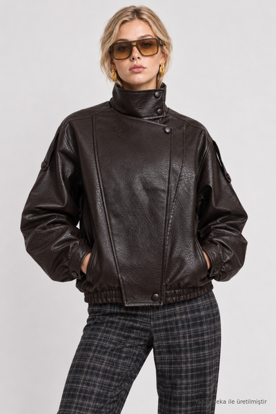 Faux Leather Biker Jacket Laz0022 Brown