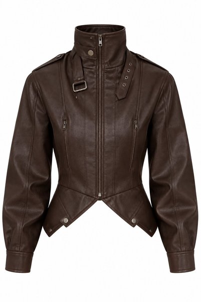 Brown Collared Leather Jacket with Belt - 8680