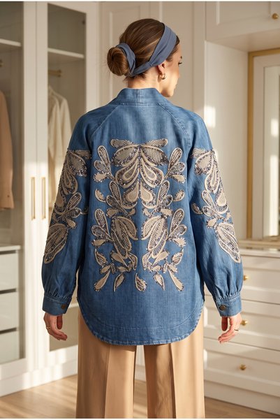 Women's Denim Kimono Jacket Standard Size with Sequins and Embroidery