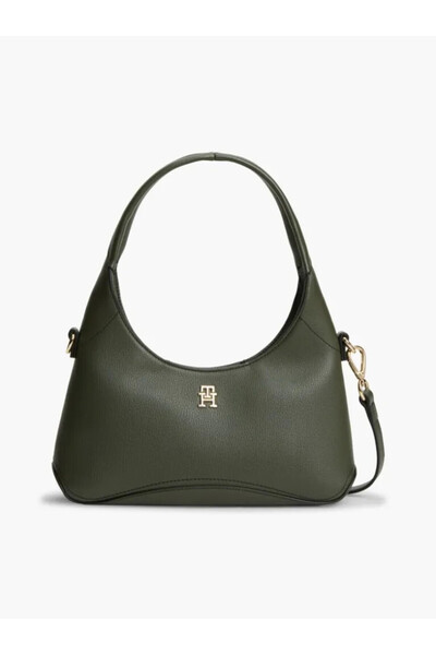 Women's Green Shoulder Bag with Magnet Closure, Removable Cross Strap and Logo Plate