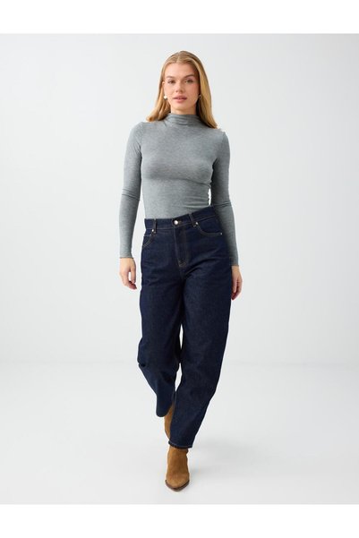Dark Indigo Blue 100% Cotton High Waist Barrel Fit Denim Trousers