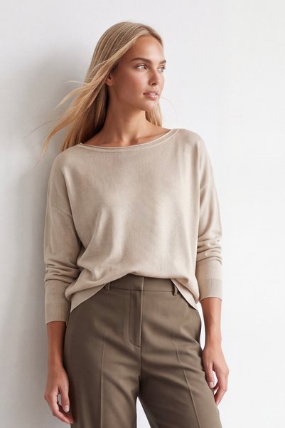 Women's Beige Boat Neck Long Sleeve Knitwear Sweater Alc-X15929