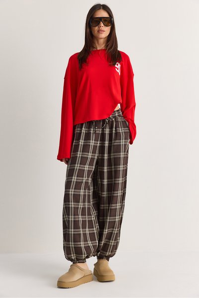 Women's Brown Elastic Waist Pocket Detailed Plaid Patterned Shalwar Trousers Dp261059 60286599