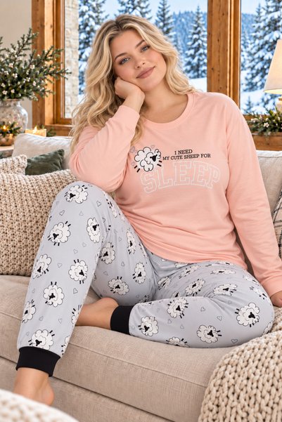 Salmon Sleep Sheep Patterned Luxury Thermal Plus Size Women's Pajama Set