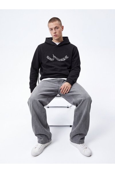 Regular Fit Sign Printed Hooded Anthracite Sweatshirt