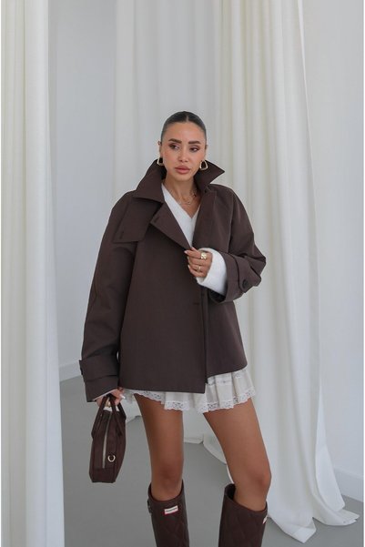 Bitter Brown Trench Coat with Collar and Detailing