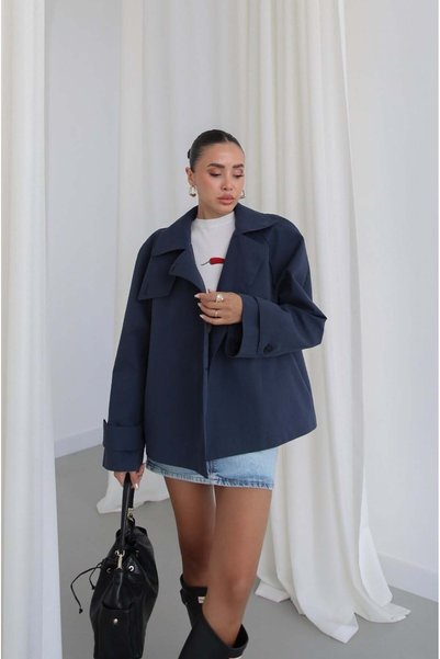 Navy Blue Trench Coat with Detailed Collar