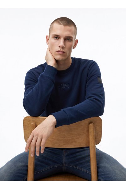 12299797 Jornewpoint Sweat Crew Navy Blue Men's Round Neck Logo Printed Casual Sweatshirt