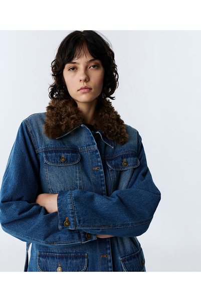 Faux Fur Collar Denim Coat