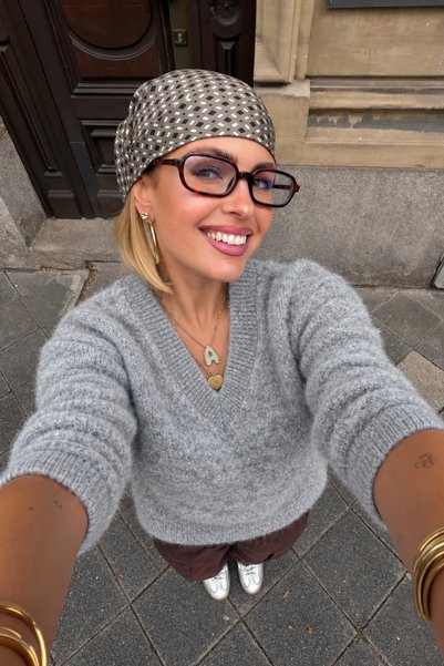 Women's Gray Melange V-Neck Ultra Soft Textured Sweater