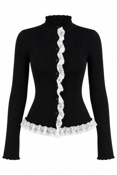 Black Stand Collar Lace Cardigan - 2Y2726