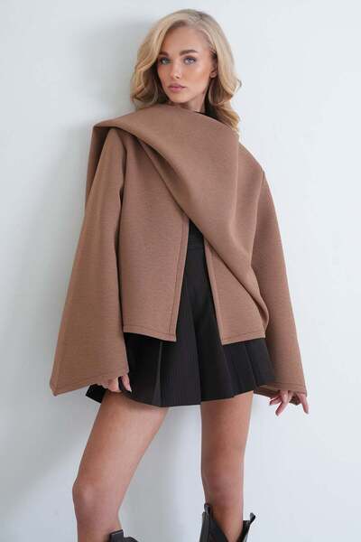 Women's Camel-Colored Crew Neck Jacket with Shawl Detail Alc-X15888