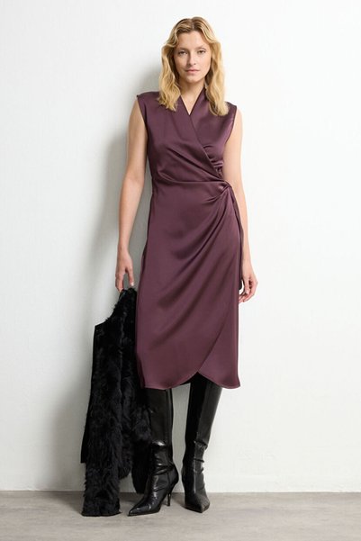 Plum Wrap Tie Midi Satin Dress