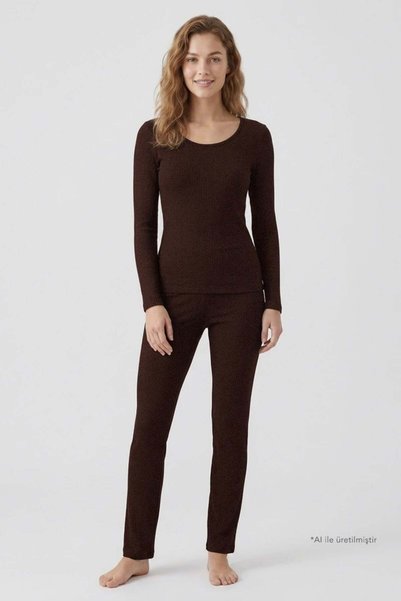 Premium - Serene Collection | Brown Rib Textured Body-Fitting Wide-Leg Viscose Women's Pajama Set