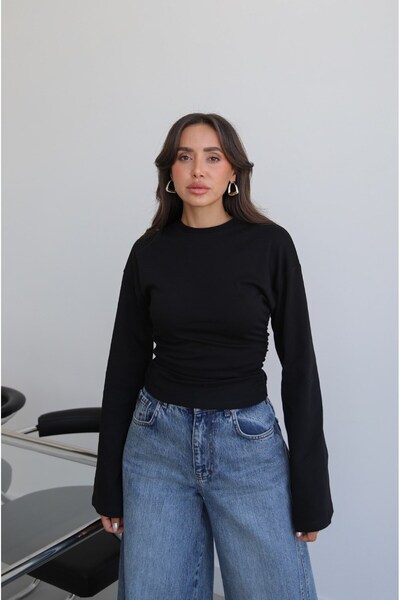 Black Nia Blouse with Gathered Sides