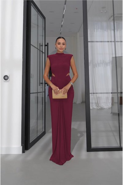 Light Burgundy Draped Dress with Window Detail at the Waist