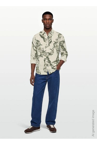 Beige Men's Relaxed Camouflage Patterned Shirt Lobey_M