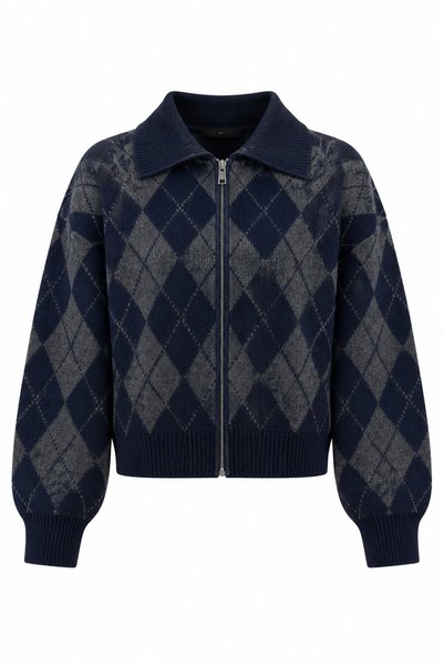 Navy Blue - Anthracite Diamond Patterned Zippered Cardigan - 2Y261003