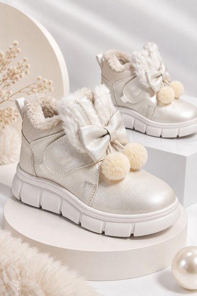 Pi̇pa Rabbit Ear Bow and Pompom Detailed Baby Girl Winter Boots with Fur Inside