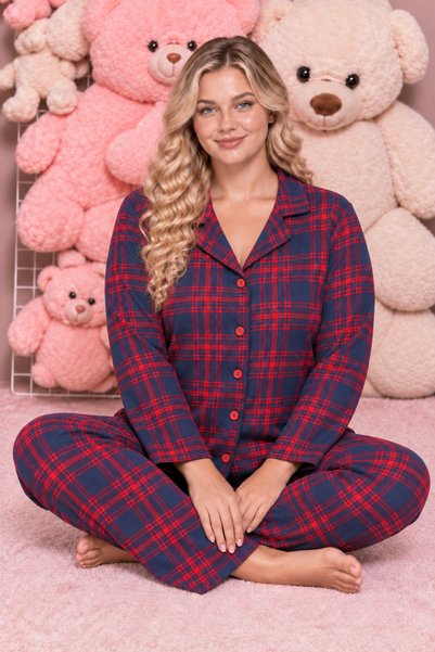 Plaid Pattern Navy Blue Suede Knitted Long Sleeve Plus Size Women's Buttoned Pajama Set