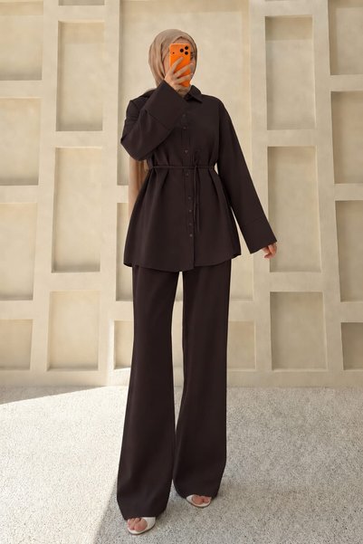 Cuff Detailed Trouser Suit Brown