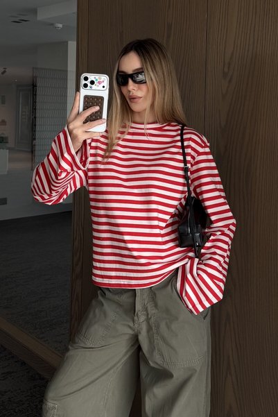 Red Striped Wide Sleeve Tshirt - 5203