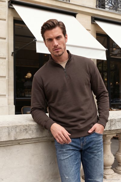 Cotton Soft Textured Half Zipper Stand Collar Sweater Men's Sweater 5906105