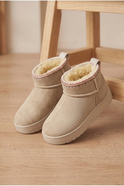 Unisex Children's Beige Suede Wool Inside Thick Sole Boots